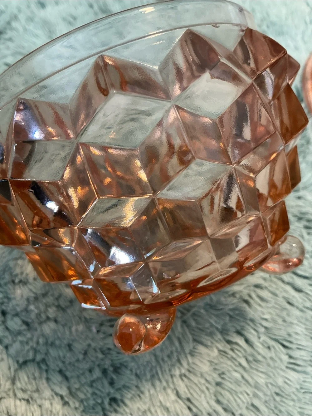 Jeannette Glass Company Vintage Pink Cube Pattern Powder Jar W/Lid